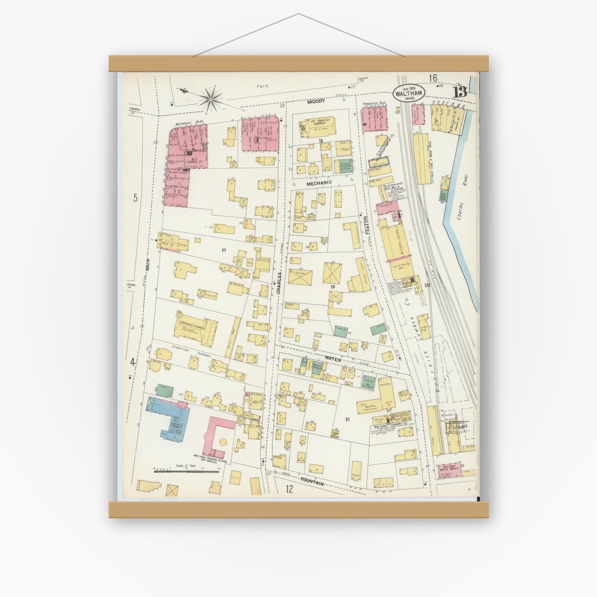 Old map wall art mockup — magnetic wood frame on white wall — Sanborn Fire Insurance Map from Waltham, Middlesex County, Massachusetts (1903), Sheet #0013
