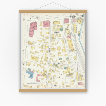 Old map wall art mockup — magnetic wood frame on white wall — Sanborn Fire Insurance Map from Waltham, Middlesex County, Massachusetts (1903), Sheet #0013