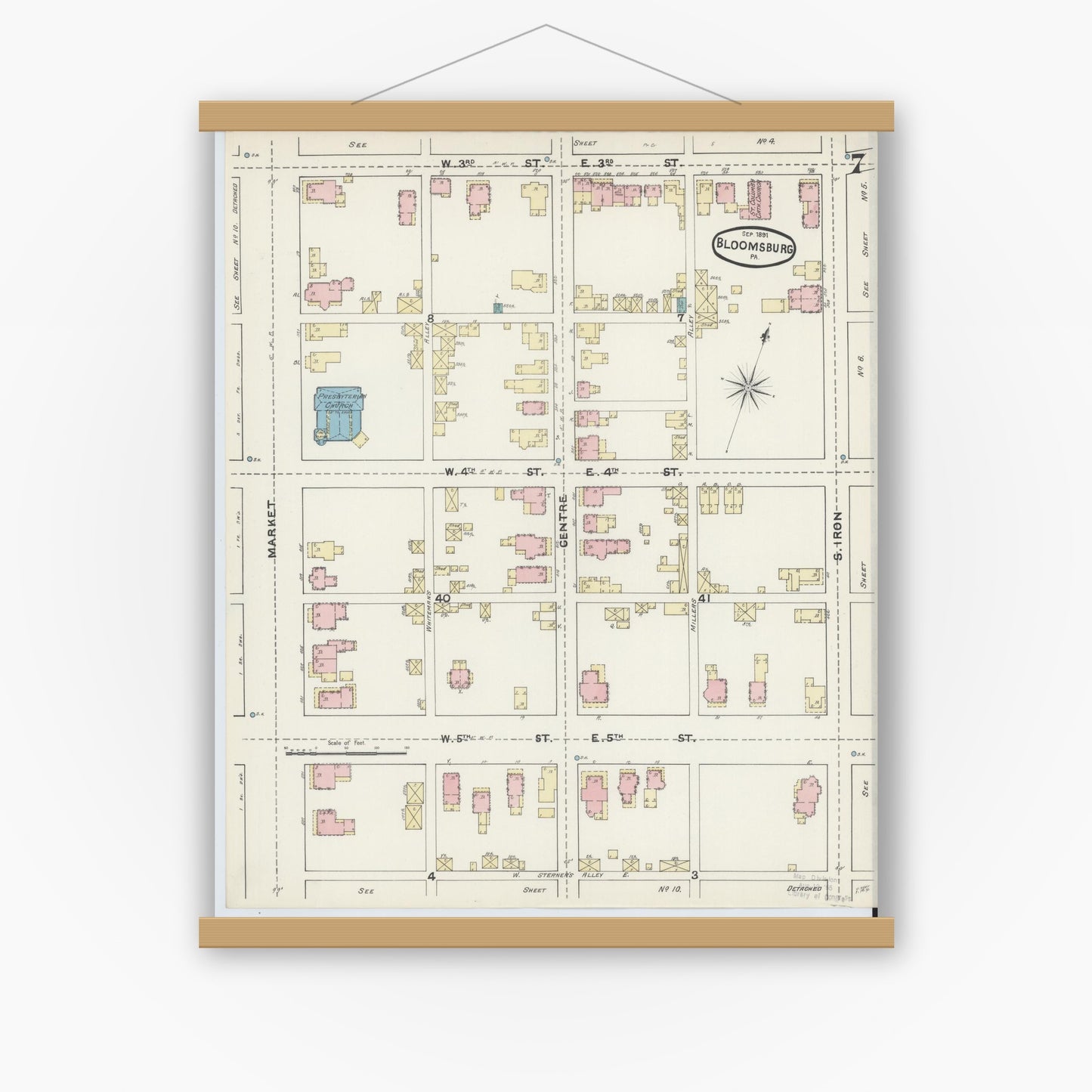 Old map wall art mockup — magnetic wood frame on white wall — Sanborn Fire Insurance Map from Bloomsburg, Columbia County, Pennsylvania (1891), Sheet #0007