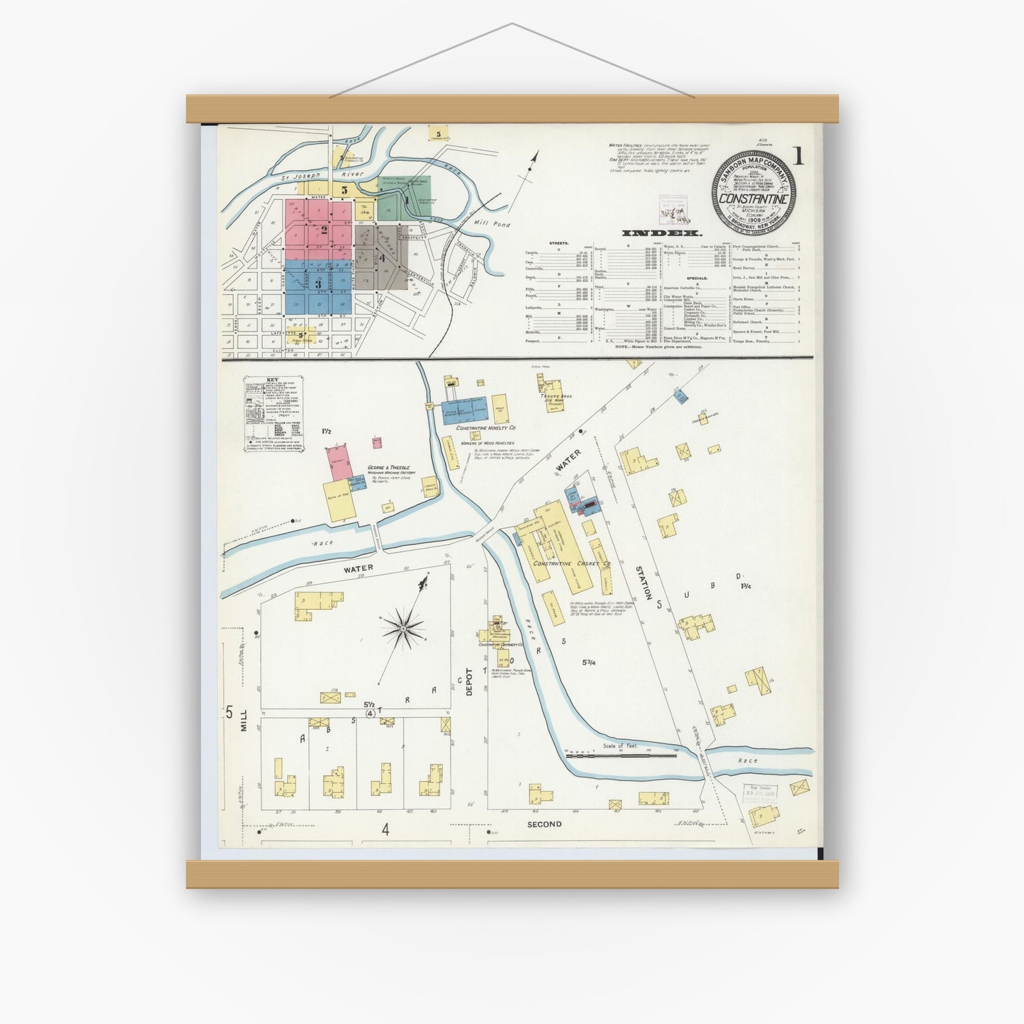 Old map wall art mockup — magnetic wood frame on white wall — Sanborn Fire Insurance Map from Constantine, Saint Joseph County, Michigan (1909), Sheet #0001