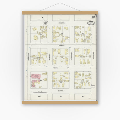 Old map wall art mockup — magnetic wood frame on white wall — Sanborn Fire Insurance Map from Houston, Harris County, Texas (1890), Sheet #0012