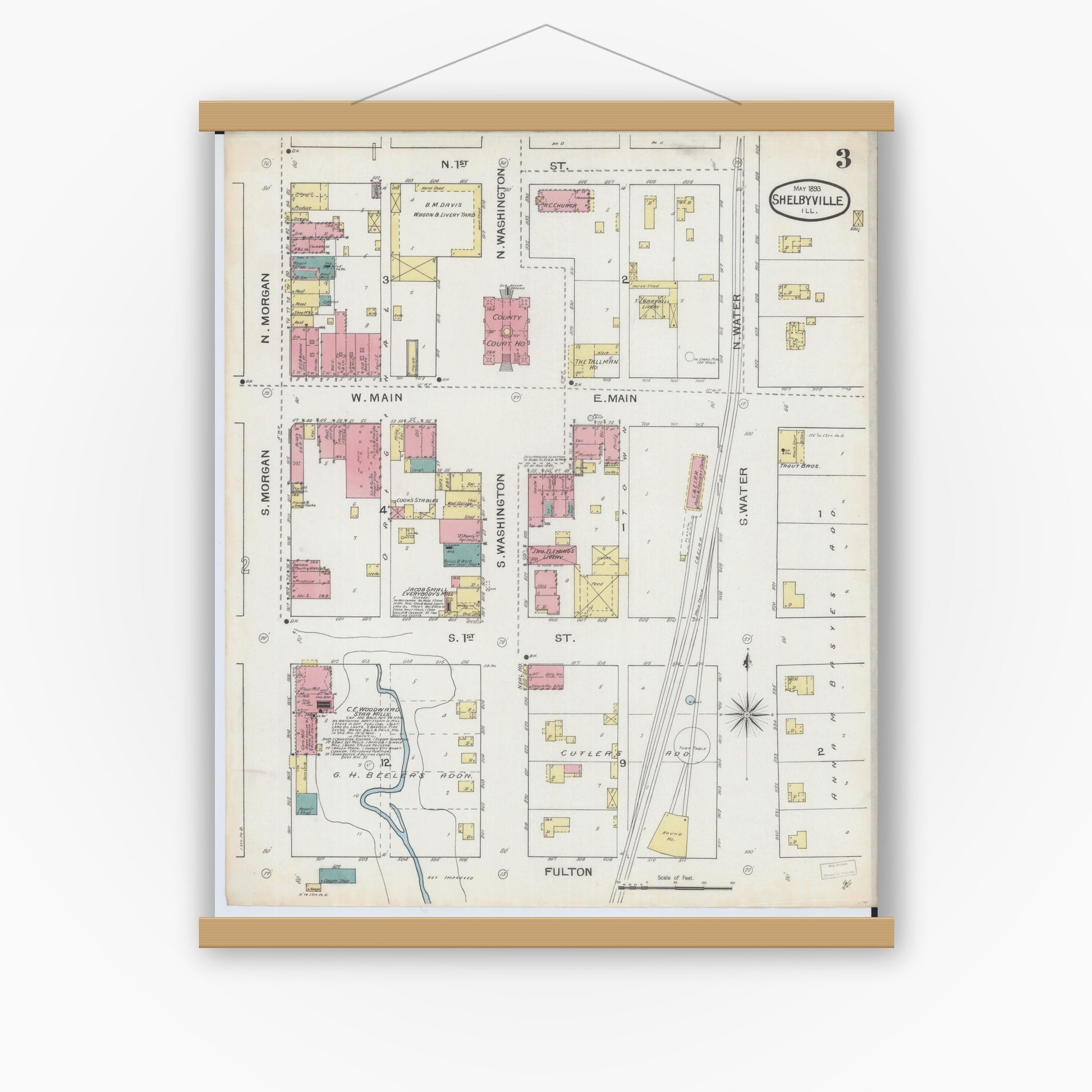 Old map wall art mockup — magnetic wood frame on white wall — Sanborn Fire Insurance Map from Shelbyville, Shelby County, Illinois (1893), Sheet #0003