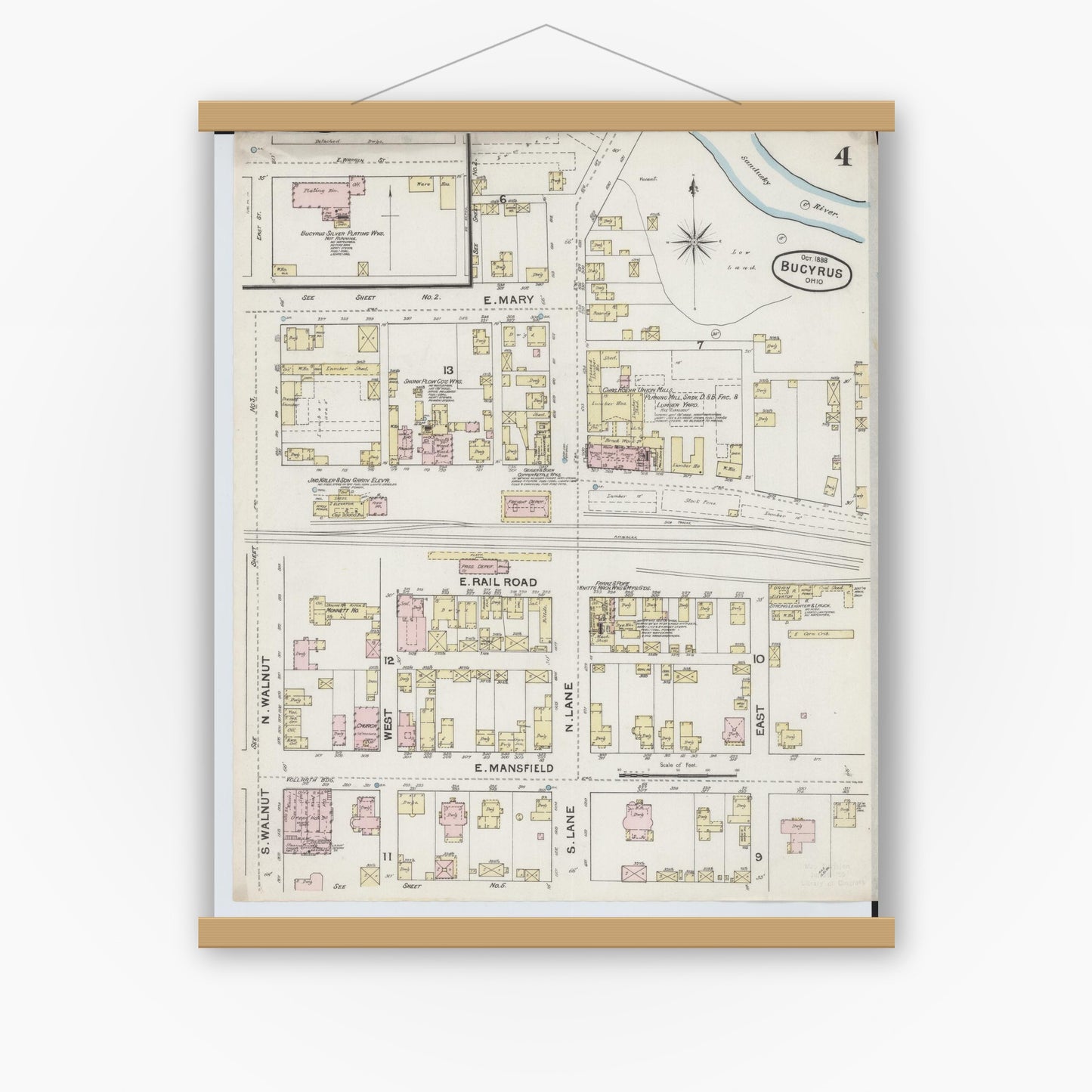 Old map wall art mockup — magnetic wood frame on white wall — Sanborn Fire Insurance Map from Bucyrus, Crawford County, Ohio (1888), Sheet #0004