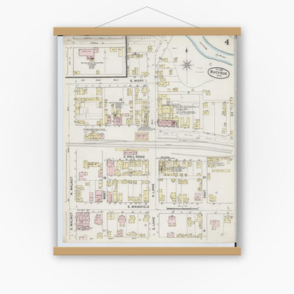 Old map wall art mockup — magnetic wood frame on white wall — Sanborn Fire Insurance Map from Bucyrus, Crawford County, Ohio (1888), Sheet #0004