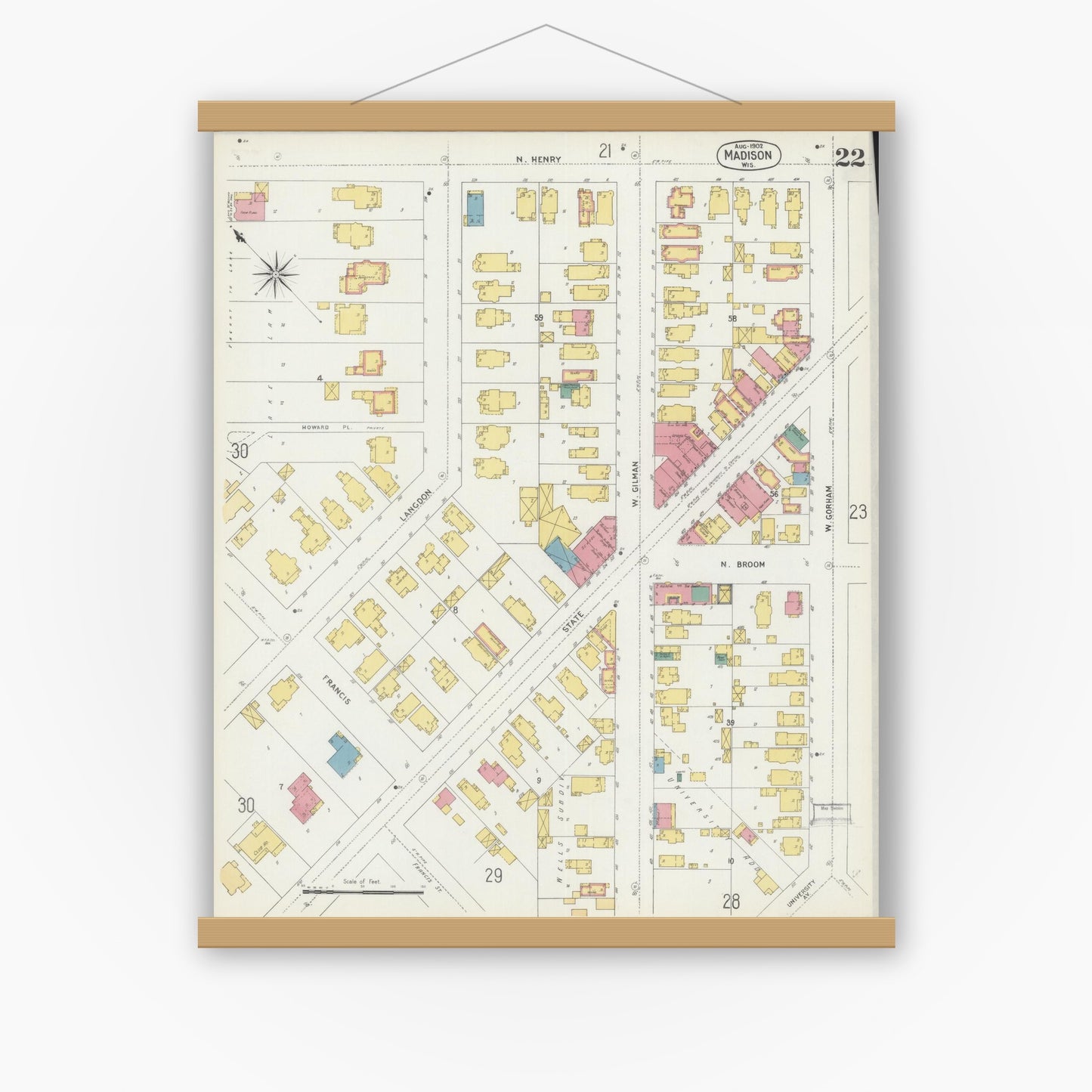 Old map wall art mockup — magnetic wood frame on white wall — Sanborn Fire Insurance Map from Madison, Dane County, Wisconsin (1902), Sheet #0022