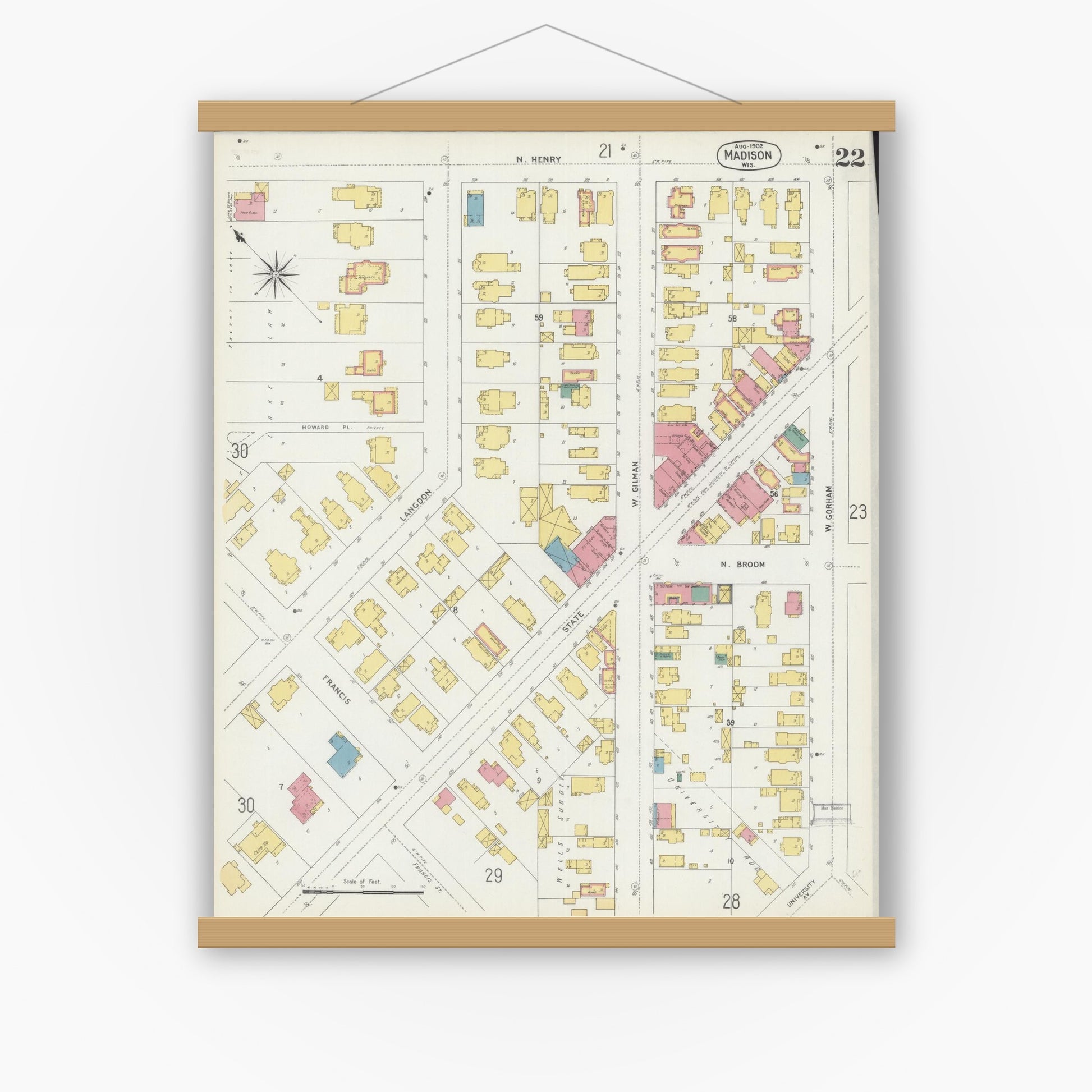 Old map wall art mockup — magnetic wood frame on white wall — Sanborn Fire Insurance Map from Madison, Dane County, Wisconsin (1902), Sheet #0022