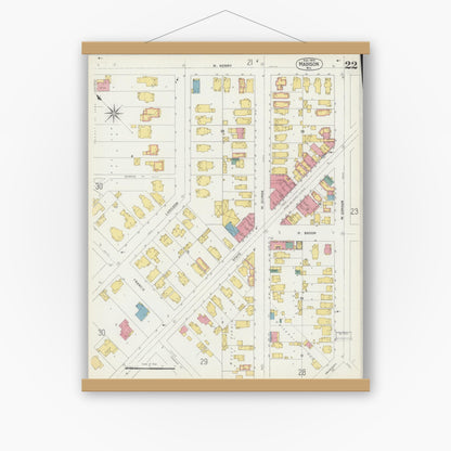 Old map wall art mockup — magnetic wood frame on white wall — Sanborn Fire Insurance Map from Madison, Dane County, Wisconsin (1902), Sheet #0022