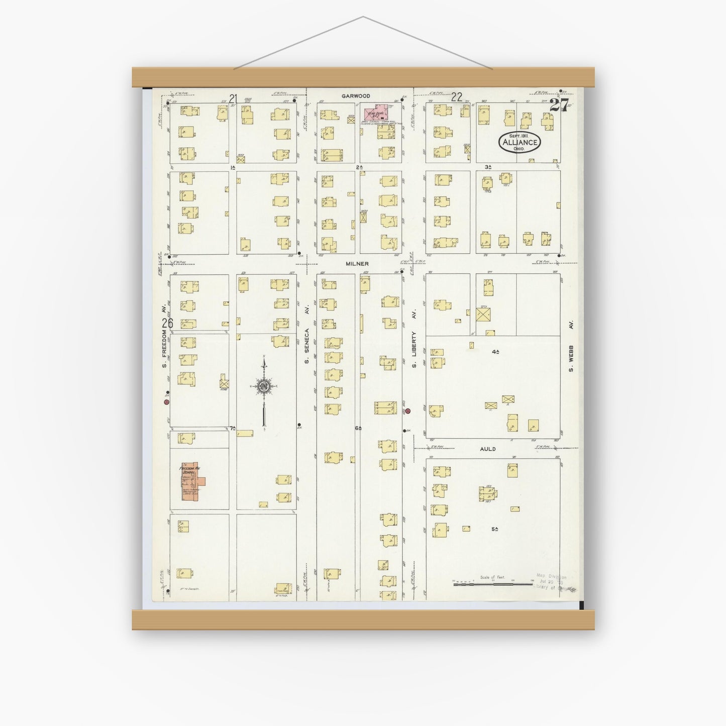 Old map wall art mockup — magnetic wood frame on white wall — Sanborn Fire Insurance Map from Alliance, Stark County, Ohio (1911), Sheet #0027