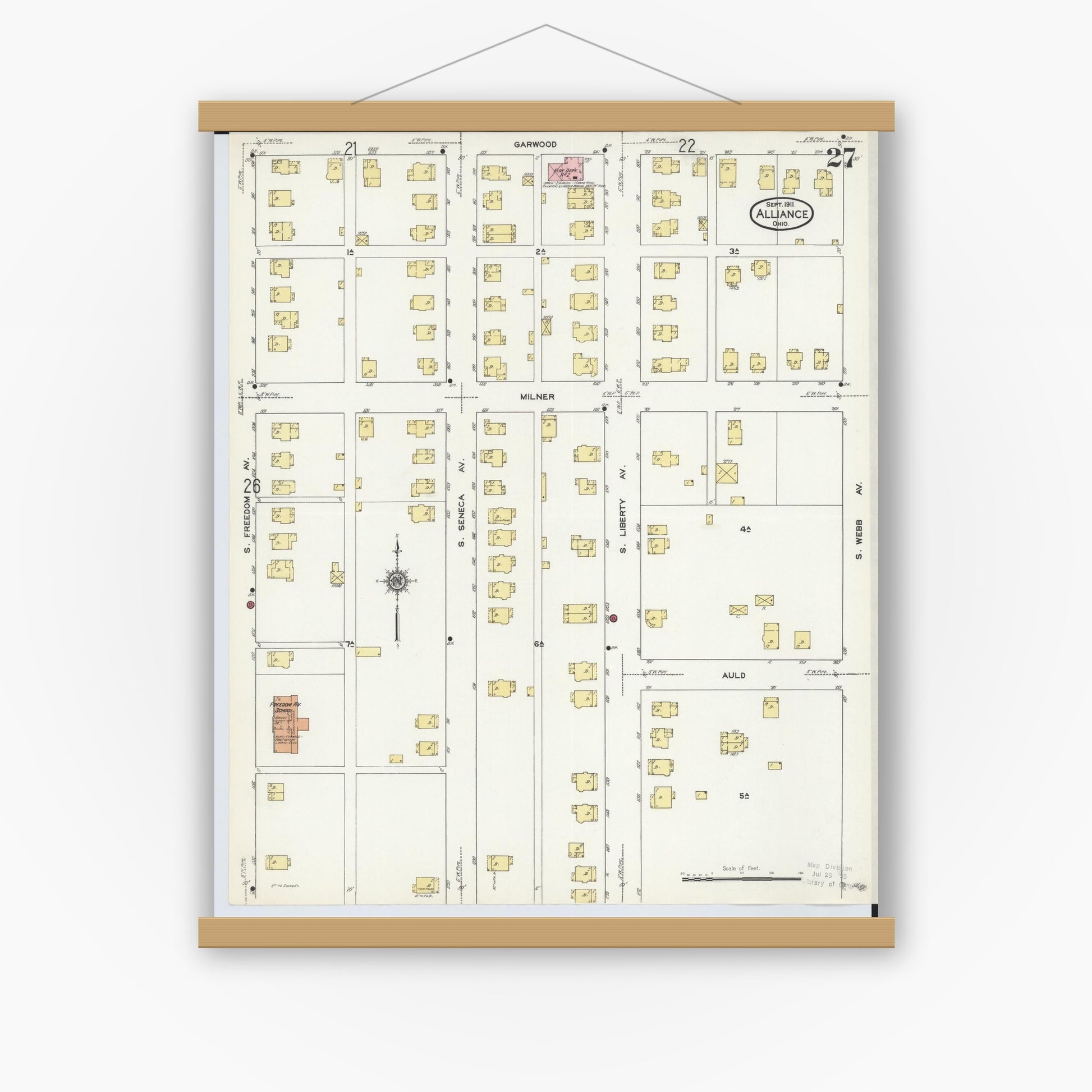 Old map wall art mockup — magnetic wood frame on white wall — Sanborn Fire Insurance Map from Alliance, Stark County, Ohio (1911), Sheet #0027