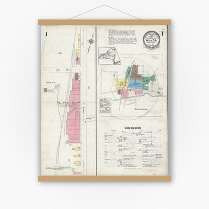 Old map wall art mockup — magnetic wood frame on white wall — Sanborn Fire Insurance Map from Nunda, Livingston County, New York (1924), Sheet #0001