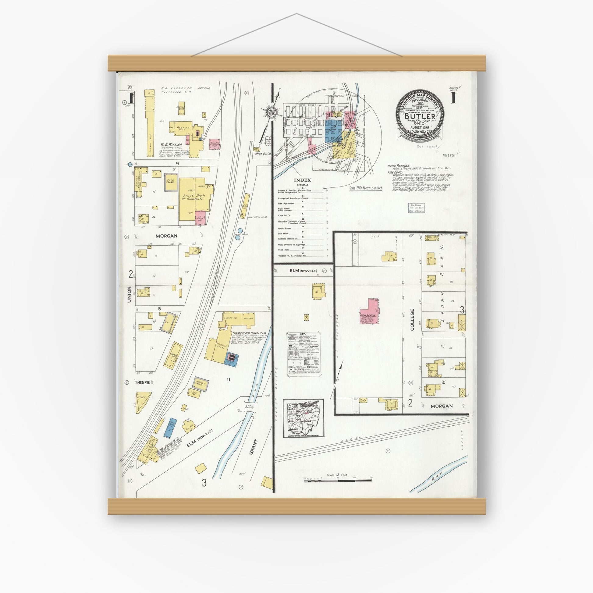 Old map wall art mockup — magnetic wood frame on white wall — Sanborn Fire Insurance Map from Butler, Richland County, Ohio (1926) - Complete Map Set