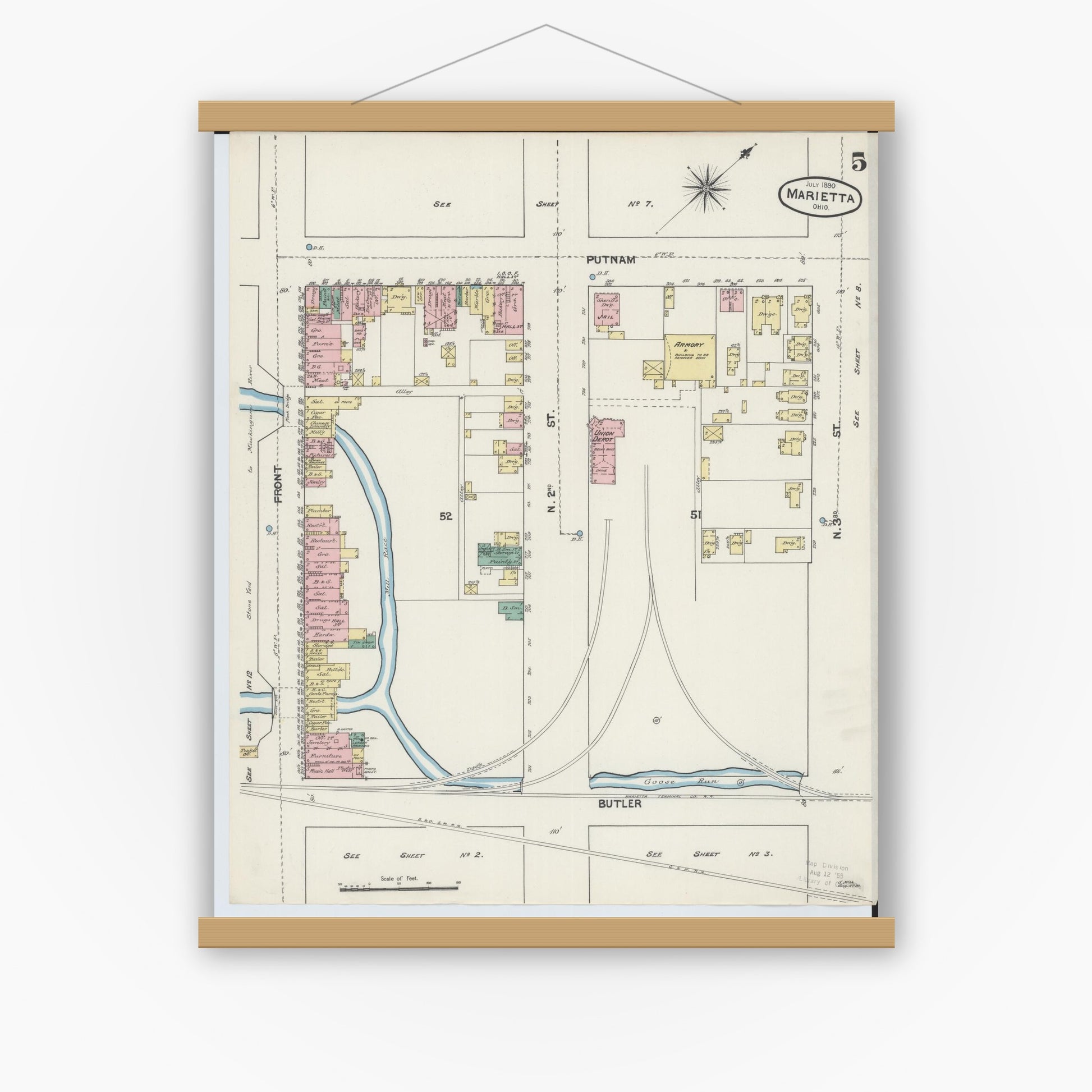 Old map wall art mockup — magnetic wood frame on white wall — Sanborn Fire Insurance Map from Marietta, Washington County, Ohio (1890), Sheet #0005
