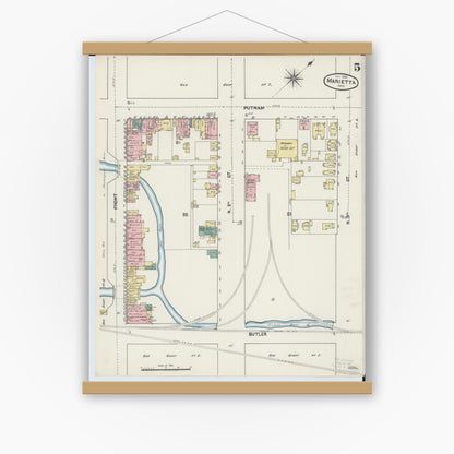 Old map wall art mockup — magnetic wood frame on white wall — Sanborn Fire Insurance Map from Marietta, Washington County, Ohio (1890), Sheet #0005