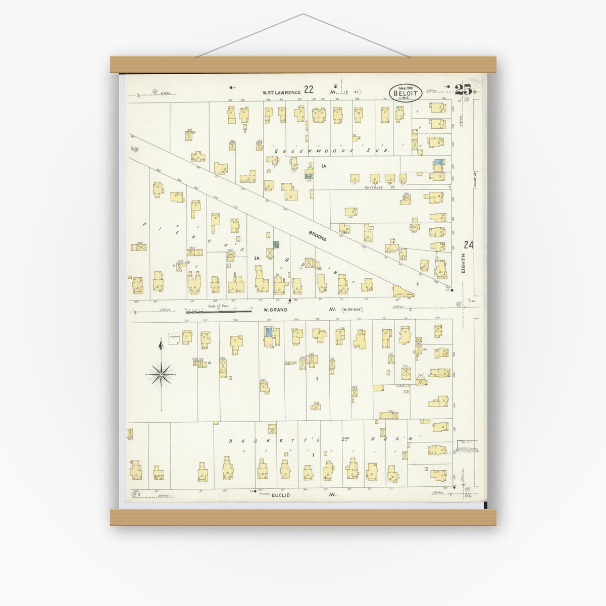 Old map wall art mockup — magnetic wood frame on white wall — Sanborn Fire Insurance Map from Beloit, Rock County, Wisconsin (1908), Sheet #0025