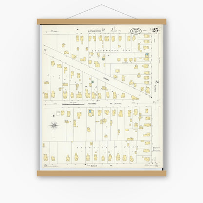 Old map wall art mockup — magnetic wood frame on white wall — Sanborn Fire Insurance Map from Beloit, Rock County, Wisconsin (1908), Sheet #0025