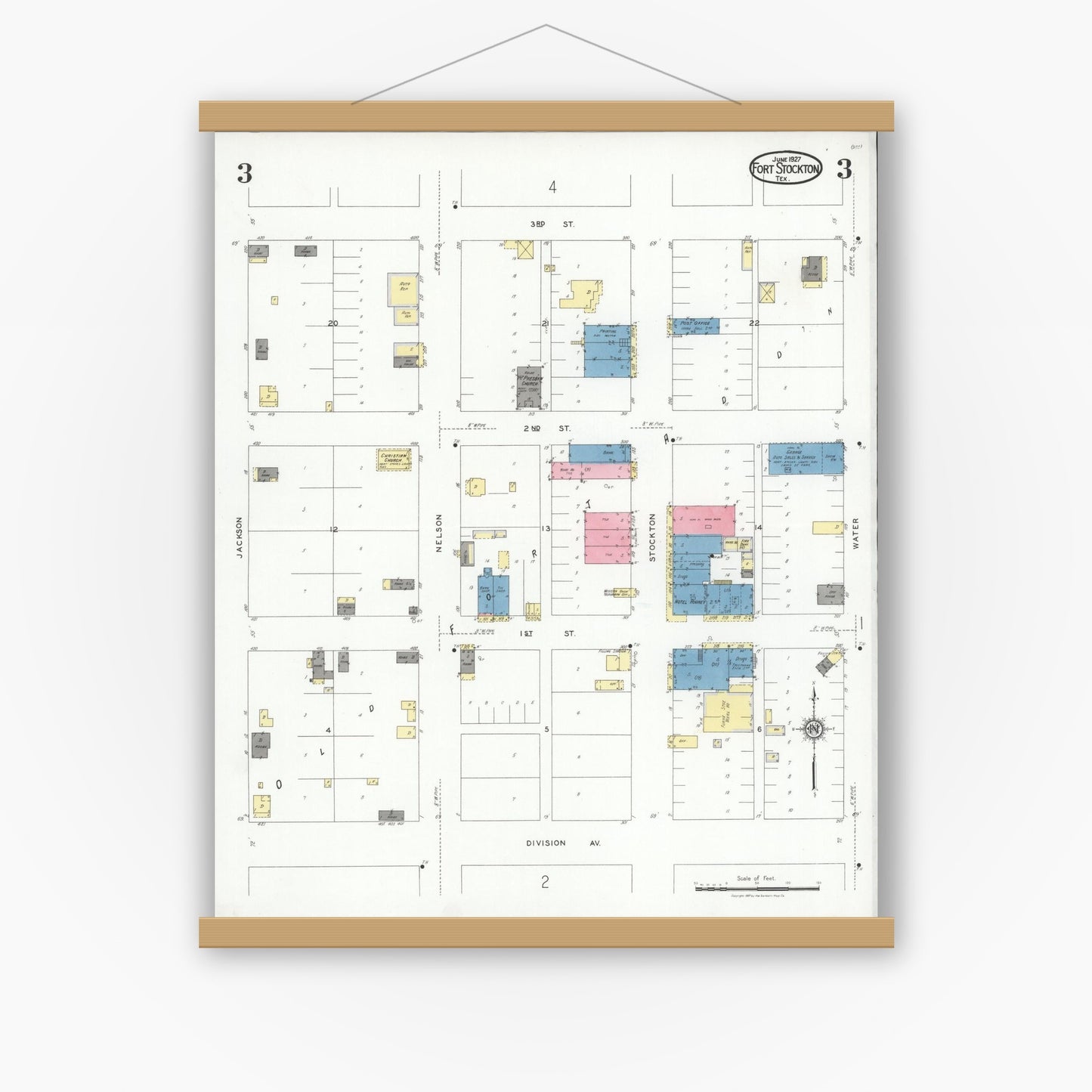 Old map wall art mockup — magnetic wood frame on white wall — Sanborn Fire Insurance Map from Fort Stockton, Pecos County, Texas (1927), Sheet #0003