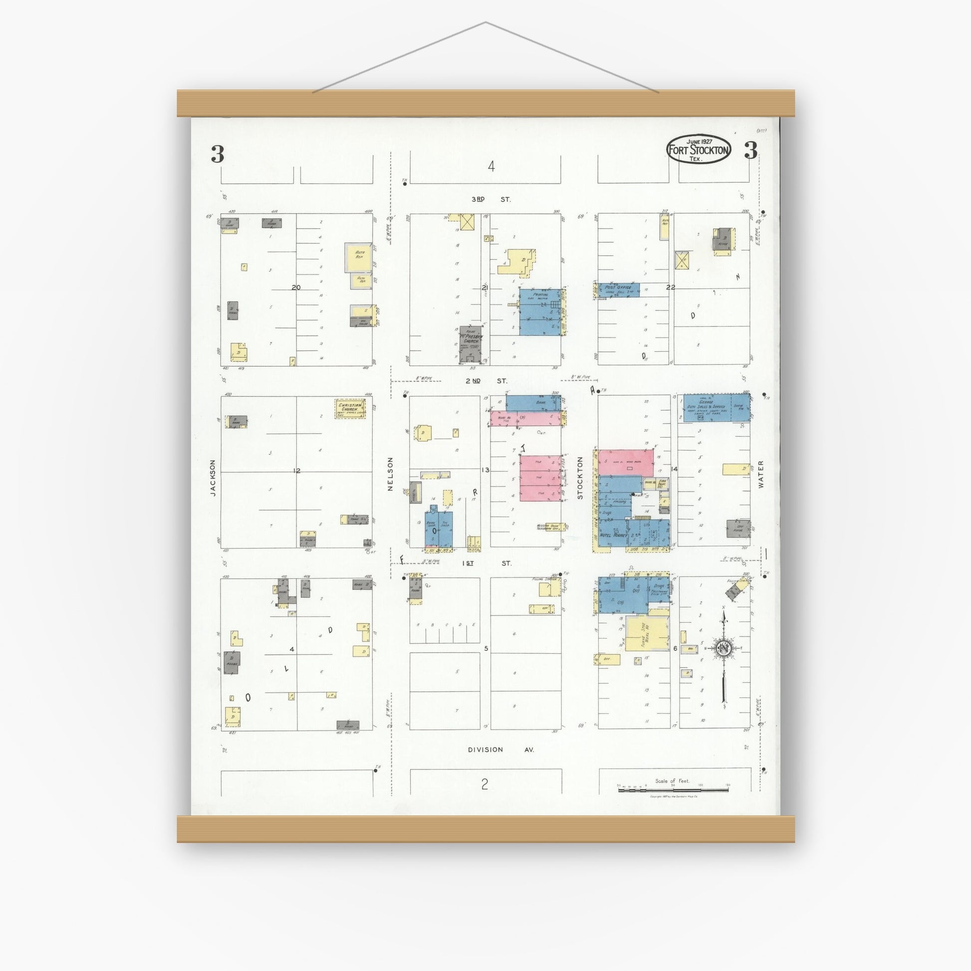 Old map wall art mockup — magnetic wood frame on white wall — Sanborn Fire Insurance Map from Fort Stockton, Pecos County, Texas (1927), Sheet #0003
