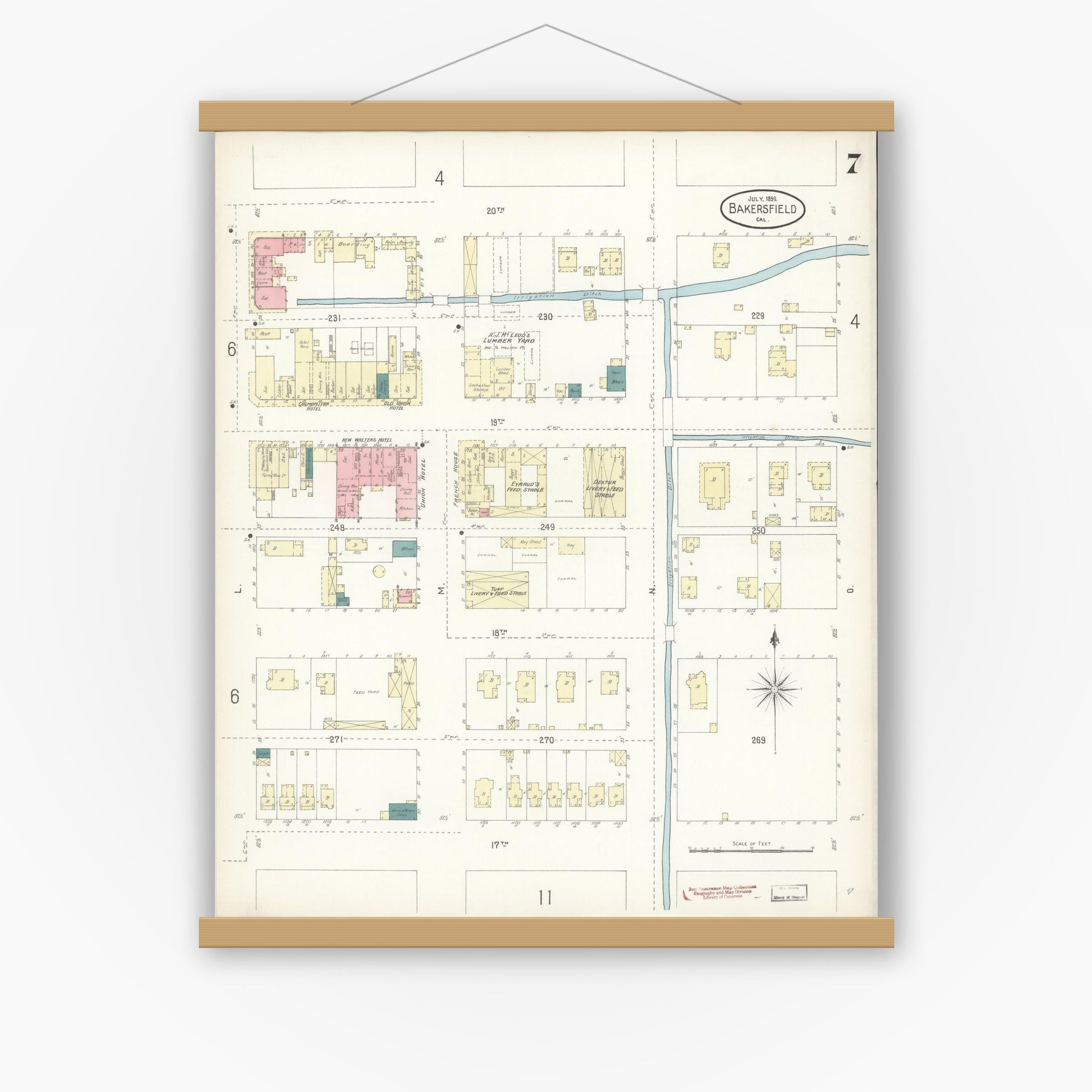Old map wall art mockup — magnetic wood frame on white wall — Sanborn Fire Insurance Map from Bakersfield, Kern County, California (1899), Sheet #0007