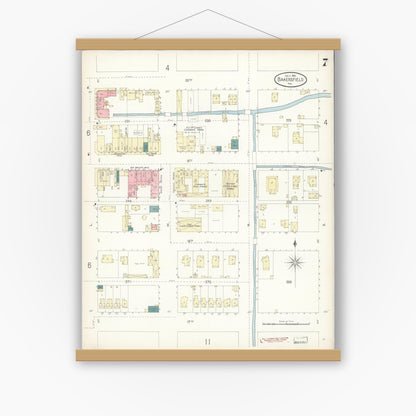 Old map wall art mockup — magnetic wood frame on white wall — Sanborn Fire Insurance Map from Bakersfield, Kern County, California (1899), Sheet #0007