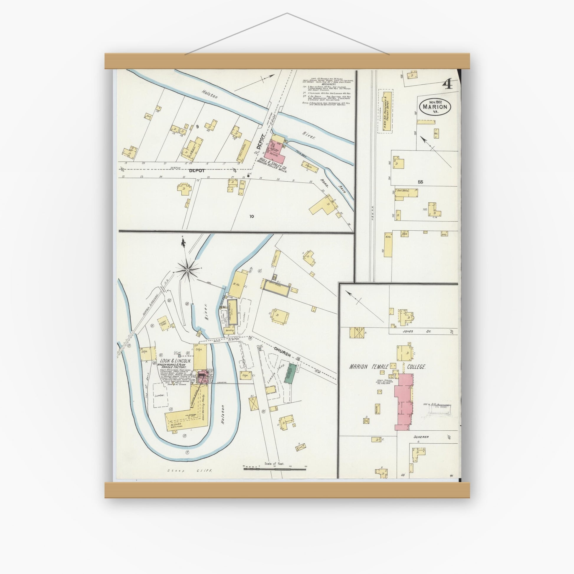 Old map wall art mockup — magnetic wood frame on white wall — Sanborn Fire Insurance Map from Marion, Smyth County, Virginia (1902), Sheet #0004