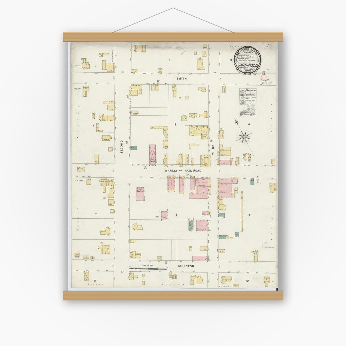 Old map wall art mockup — magnetic wood frame on white wall — Sanborn Fire Insurance Map from Smithfield, Johnston County, North Carolina (1896), Sheet #0001