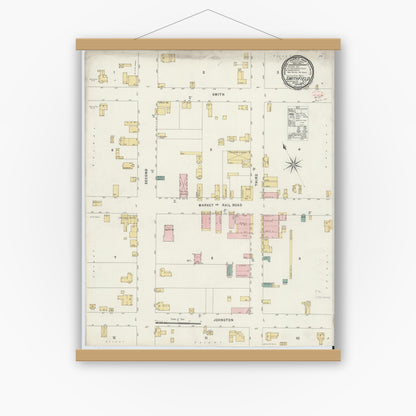 Old map wall art mockup — magnetic wood frame on white wall — Sanborn Fire Insurance Map from Smithfield, Johnston County, North Carolina (1896), Sheet #0001