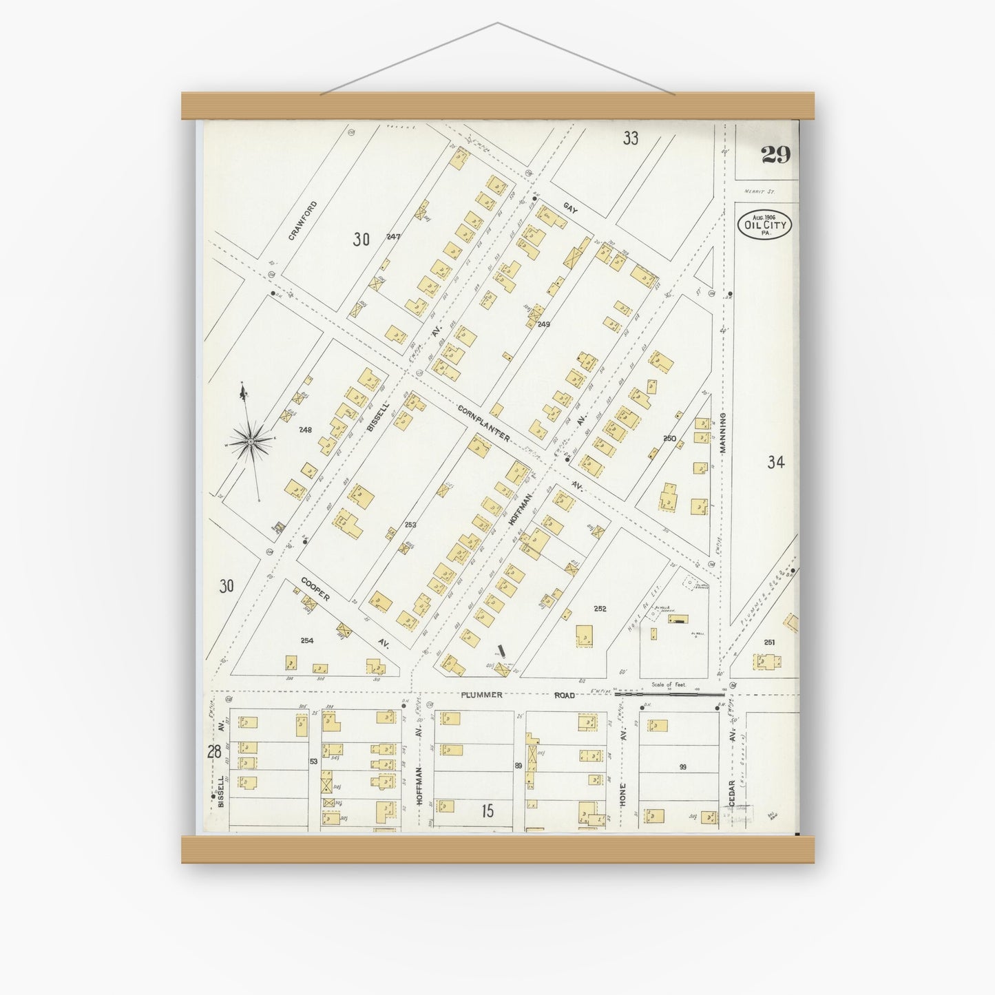 Old map wall art mockup — magnetic wood frame on white wall — Sanborn Fire Insurance Map from Oil City, Venango County, Pennsylvania (1906), Sheet #0029