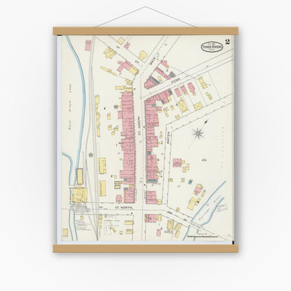 Old map wall art mockup — magnetic wood frame on white wall — Sanborn Fire Insurance Map from Three Rivers, Saint Joseph County, Michigan (1893), Sheet #0002