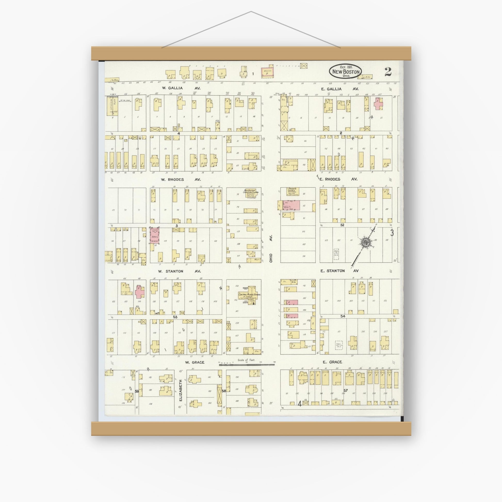 Old map wall art mockup — magnetic wood frame on white wall — Sanborn Fire Insurance Map from New Boston, Scioto County, Ohio (1911), Sheet #0002