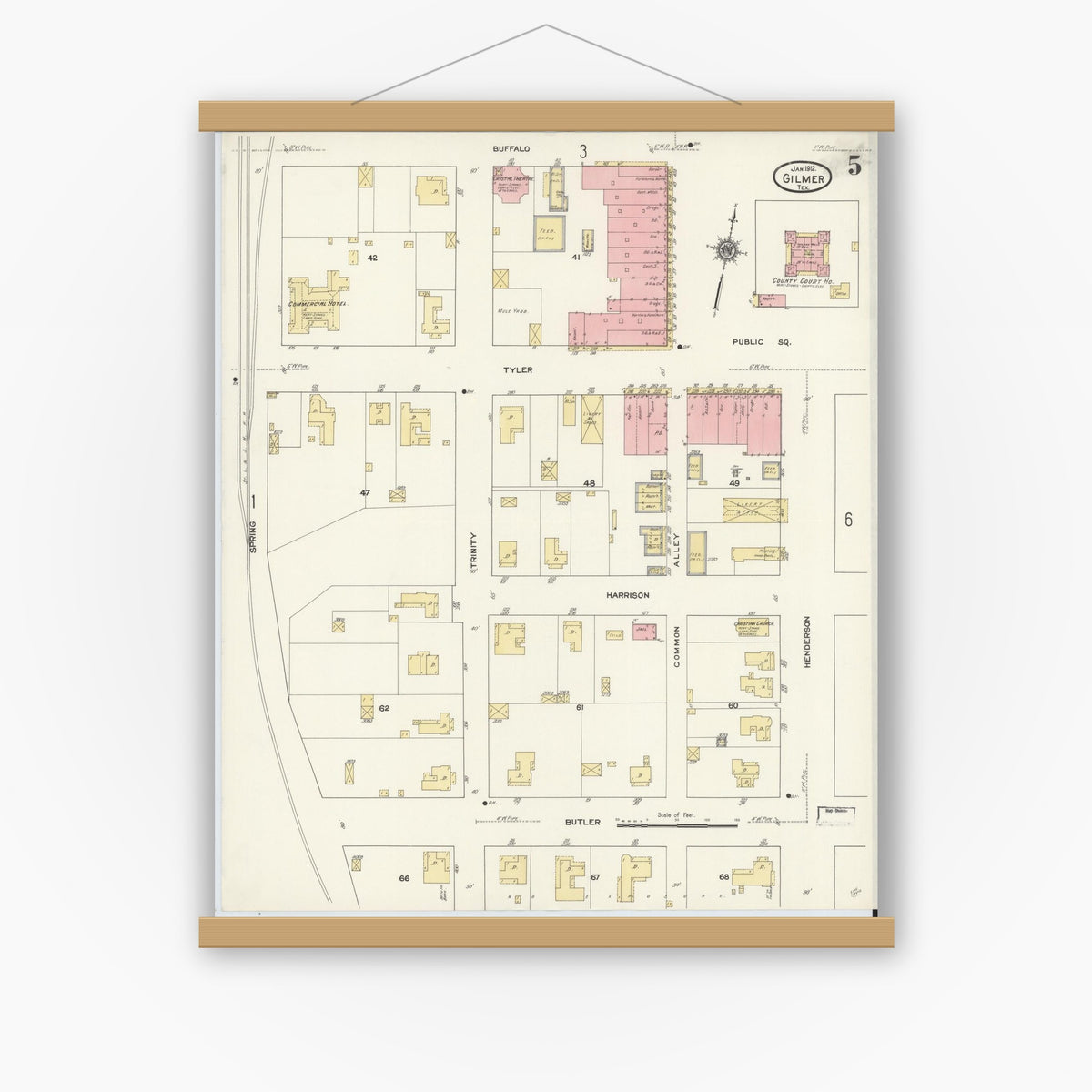 Old map wall art mockup — magnetic wood frame on white wall — Sanborn Fire Insurance Map from Gilmer, Upshur County, Texas (1912), Sheet #0005