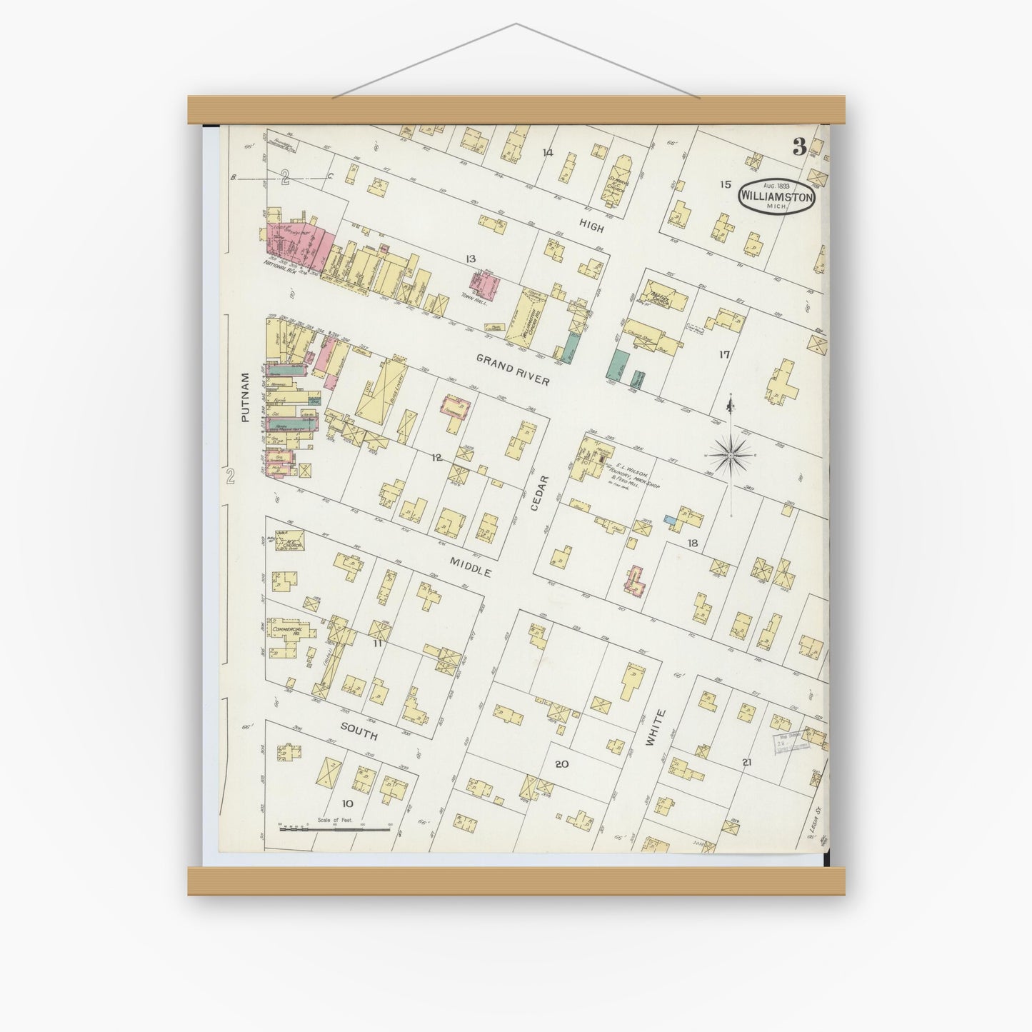 Old map wall art mockup — magnetic wood frame on white wall — Sanborn Fire Insurance Map from Williamston, Ingham County, Michigan (1893), Sheet #0003