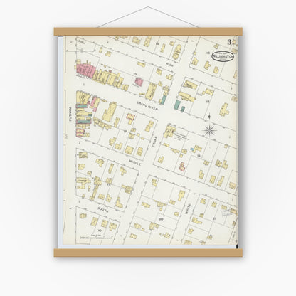 Old map wall art mockup — magnetic wood frame on white wall — Sanborn Fire Insurance Map from Williamston, Ingham County, Michigan (1893), Sheet #0003
