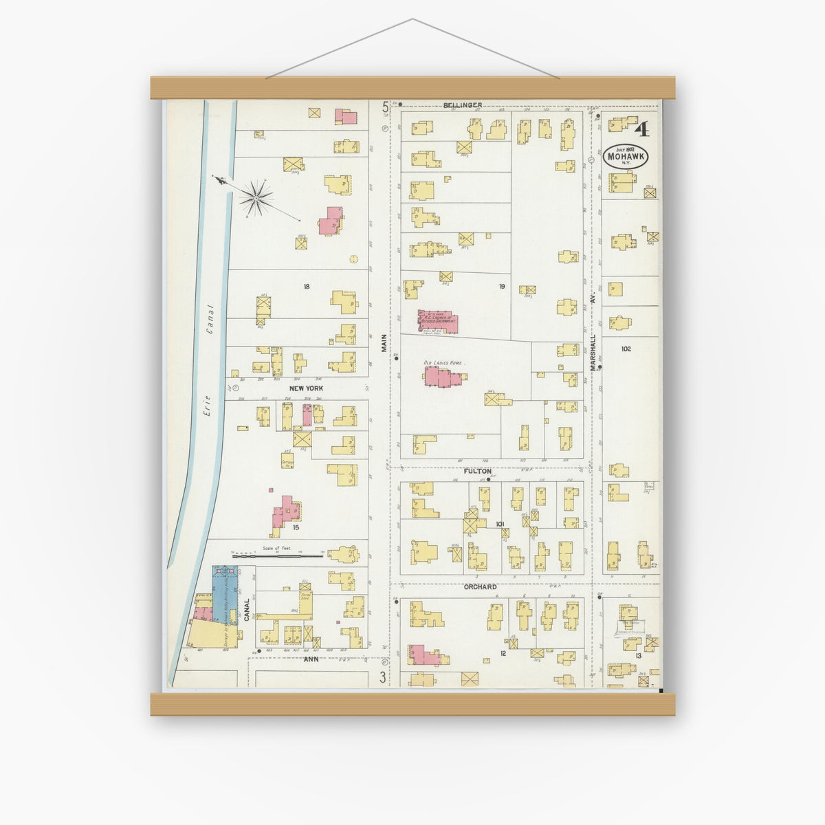 Old map wall art mockup — magnetic wood frame on white wall — Sanborn Fire Insurance Map from Mohawk, Herkimer County, New York (1902), Sheet #0004