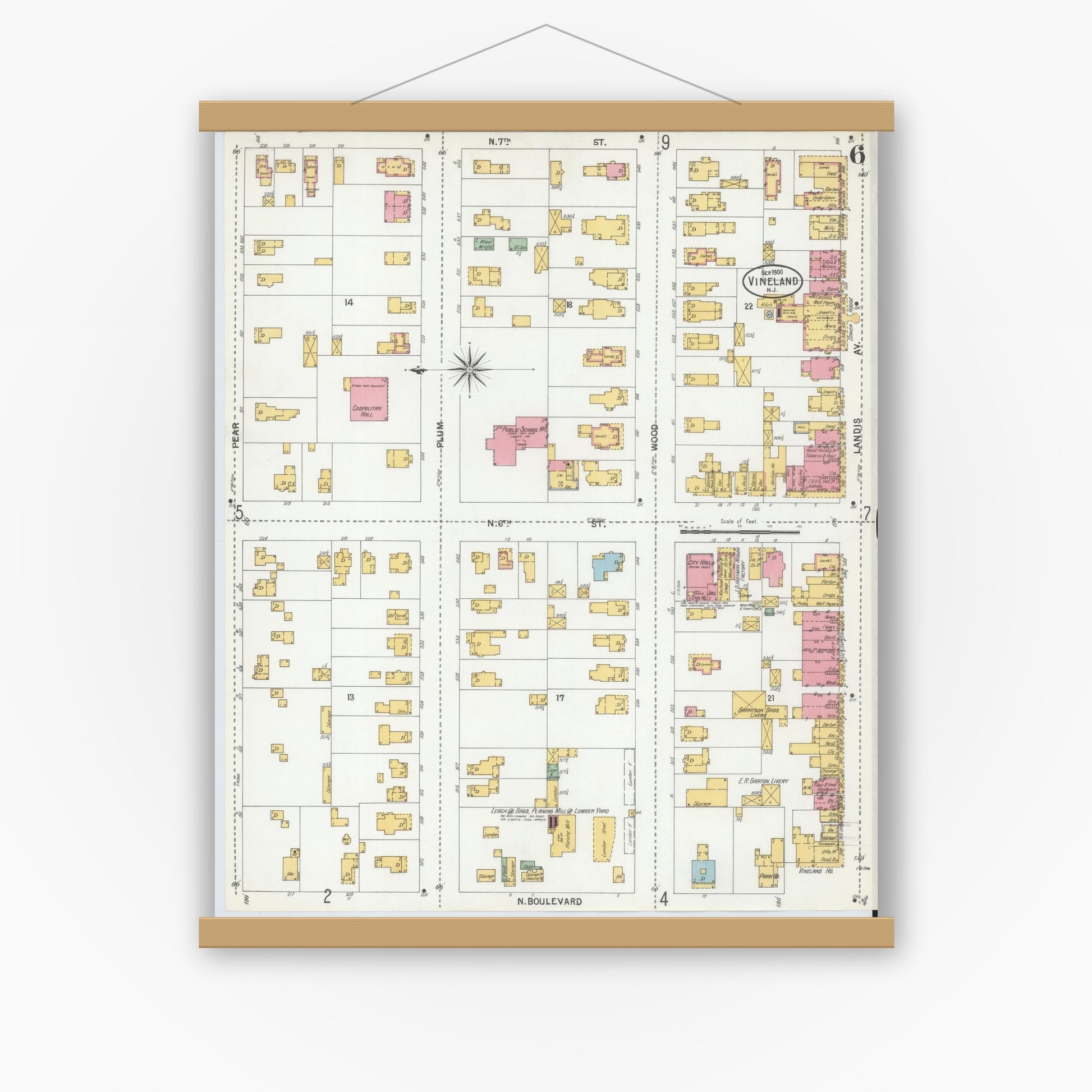 Old map wall art mockup — magnetic wood frame on white wall — Sanborn Fire Insurance Map from Vineland, Cumberland County, New Jersey (1900), Sheet #0006