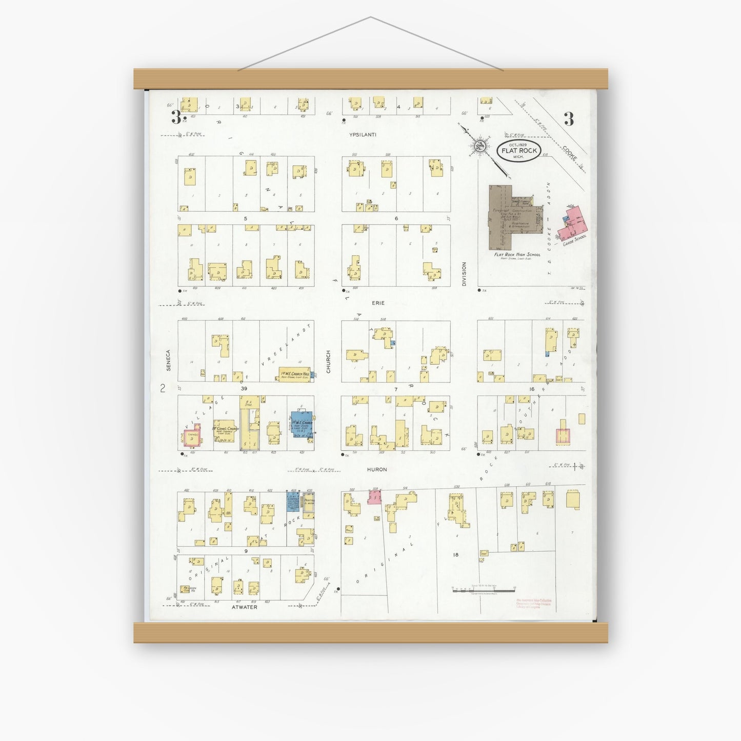 Old map wall art mockup — magnetic wood frame on white wall — Sanborn Fire Insurance Map from Flat Rock, Wayne County, Michigan (1929), Sheet #0003