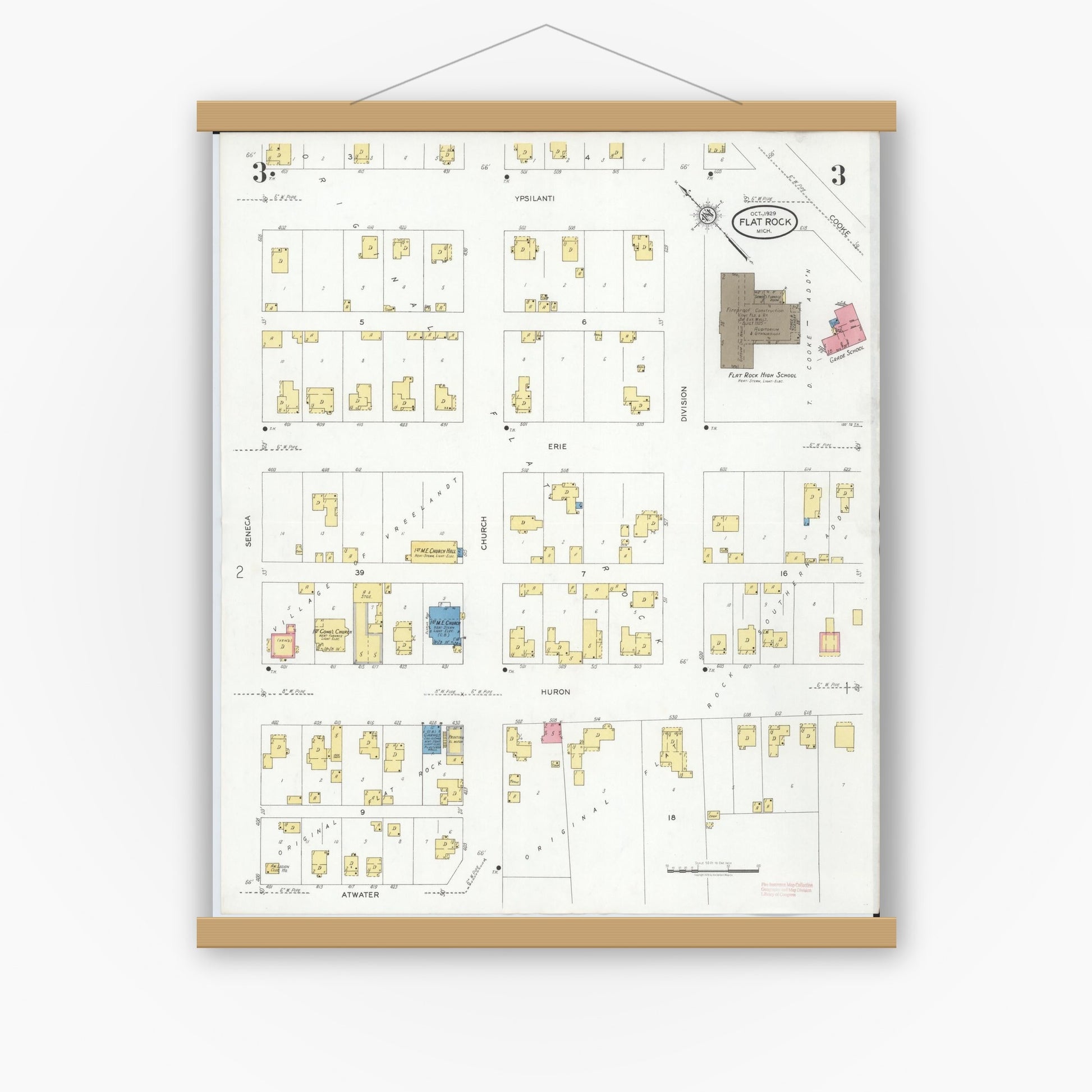Old map wall art mockup — magnetic wood frame on white wall — Sanborn Fire Insurance Map from Flat Rock, Wayne County, Michigan (1929), Sheet #0003