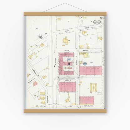 Old map wall art mockup — magnetic wood frame on white wall — Sanborn Fire Insurance Map from Durham, Durham County, North Carolina (1898), Sheet #0010