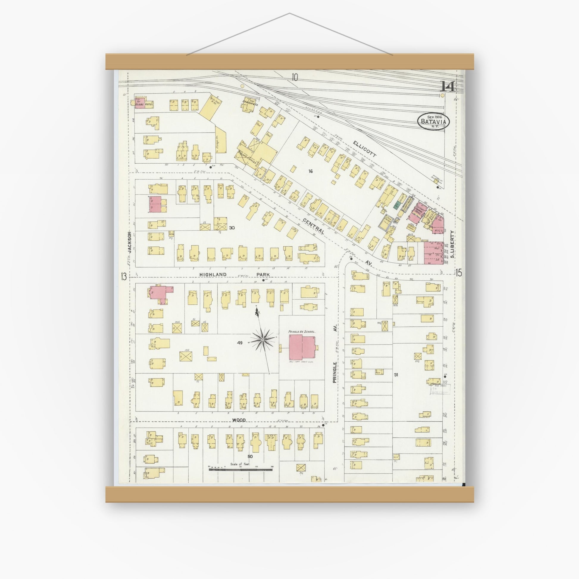 Old map wall art mockup — magnetic wood frame on white wall — Sanborn Fire Insurance Map from Batavia, Genesee County, New York (1906), Sheet #0014