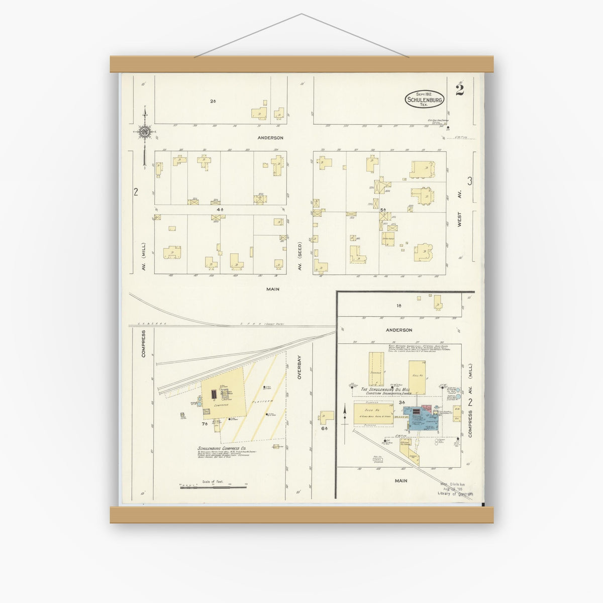 Old map wall art mockup — magnetic wood frame on white wall — Sanborn Fire Insurance Map from Schulenburg, Fayette County, Texas (1912), Sheet #0002