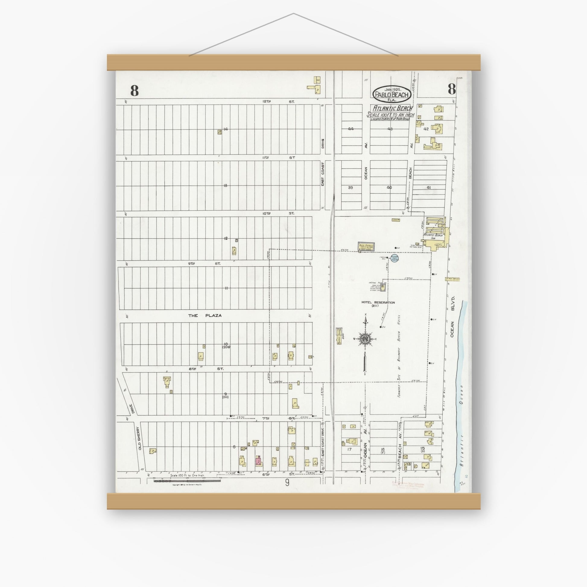 Old map wall art mockup — magnetic wood frame on white wall — Sanborn Fire Insurance Map from Pablo Beach, Duval County, Florida (1924), Sheet #0008