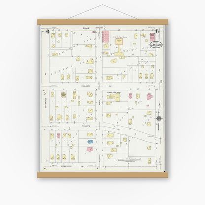 Old map wall art mockup — magnetic wood frame on white wall — Sanborn Fire Insurance Map from Glen Ellyn, Du Page County, Illinois (1924), Sheet #0006