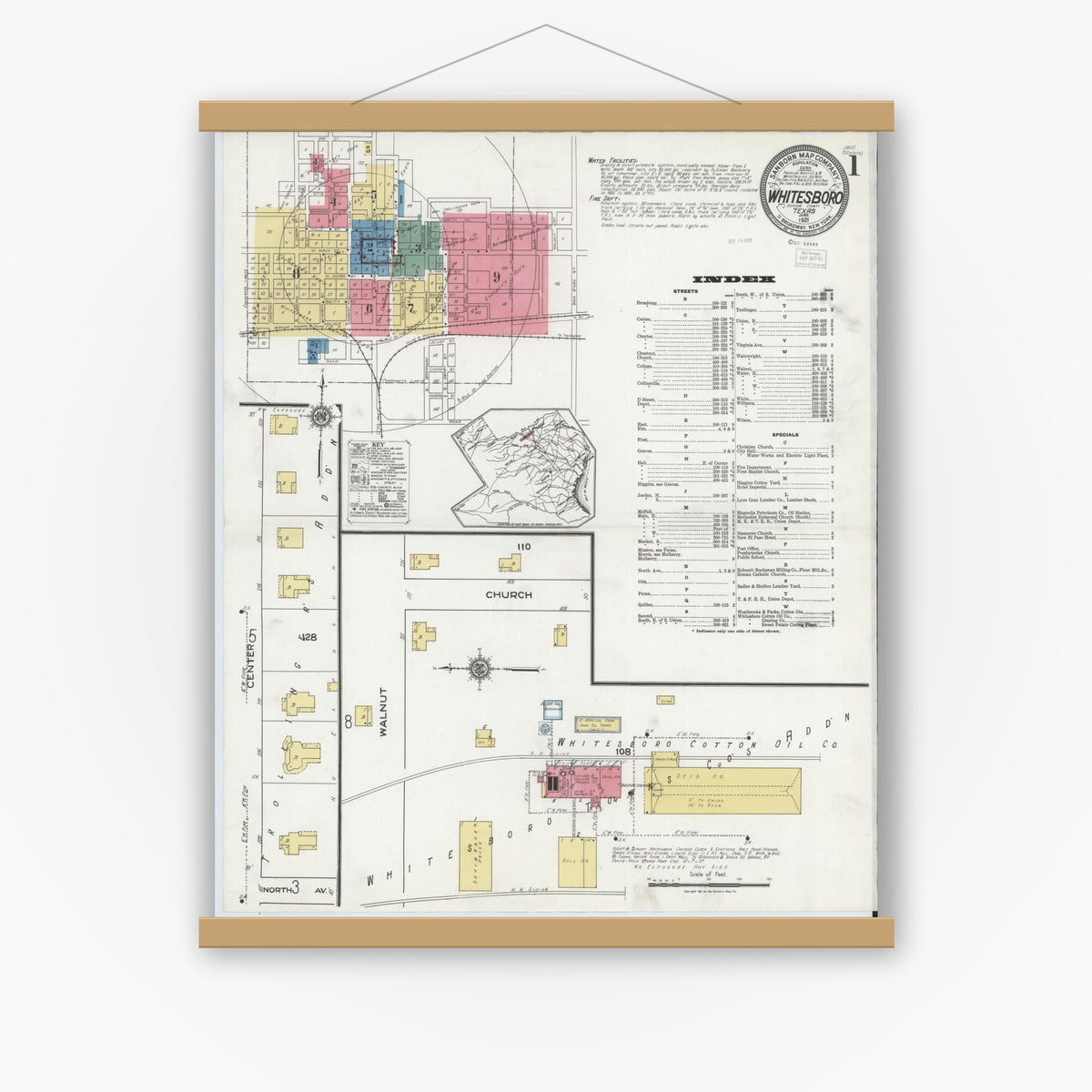 Old map wall art mockup — magnetic wood frame on white wall — Sanborn Fire Insurance Map from Whitesboro, Grayson County, Texas (1921), Sheet #0001
