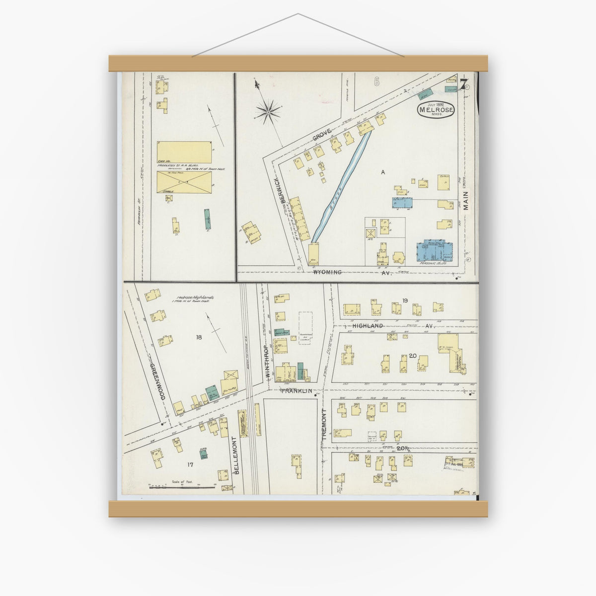 Old map wall art mockup — magnetic wood frame on white wall — Sanborn Fire Insurance Map from Melrose, Middlesex County, Massachusetts (1892), Sheet #0007