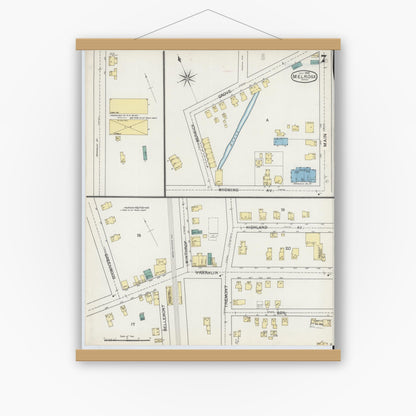 Old map wall art mockup — magnetic wood frame on white wall — Sanborn Fire Insurance Map from Melrose, Middlesex County, Massachusetts (1892), Sheet #0007