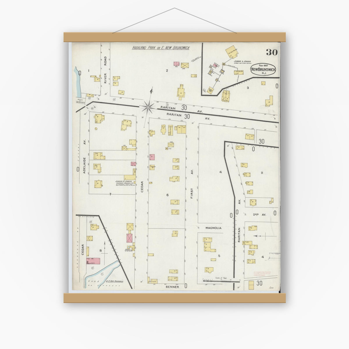 Old map wall art mockup — magnetic wood frame on white wall — Sanborn Fire Insurance Map from New Brunswick, Middlesex County, New Jersey (1897), Sheet #0030