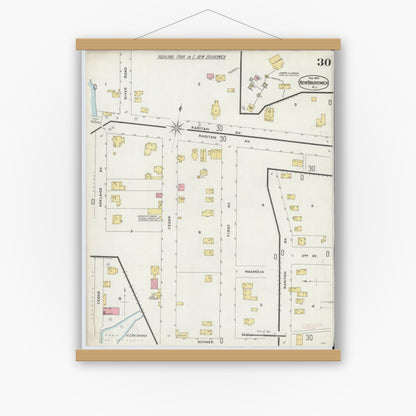 Old map wall art mockup — magnetic wood frame on white wall — Sanborn Fire Insurance Map from New Brunswick, Middlesex County, New Jersey (1897), Sheet #0030