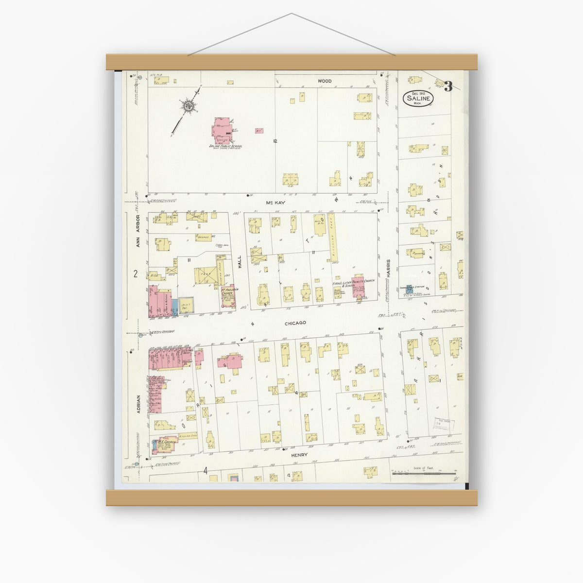 Old map wall art mockup — magnetic wood frame on white wall — Sanborn Fire Insurance Map from Saline, Washtenaw County, Michigan (1912), Sheet #0003