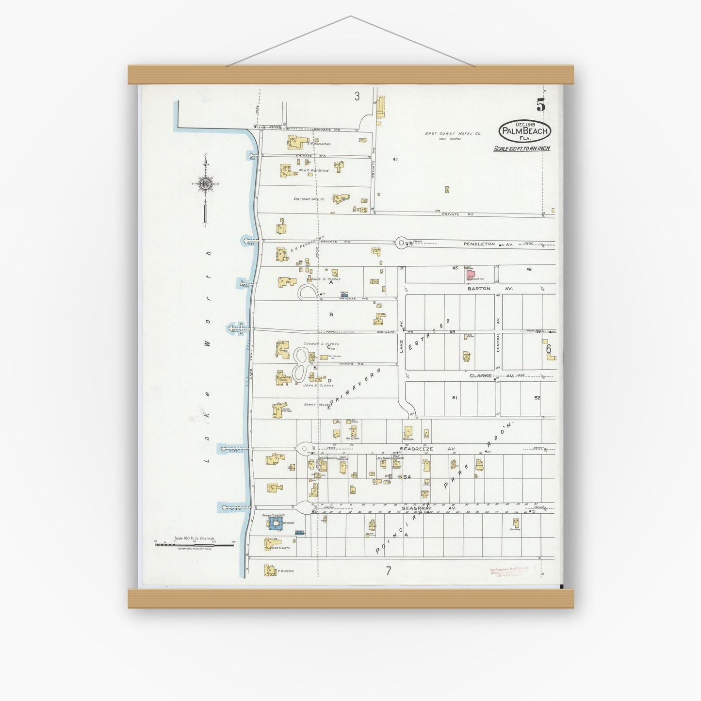 Old map wall art mockup — magnetic wood frame on white wall — Sanborn Fire Insurance Map from Palm Beach, Palm Beach County, Florida (1919), Sheet #0005