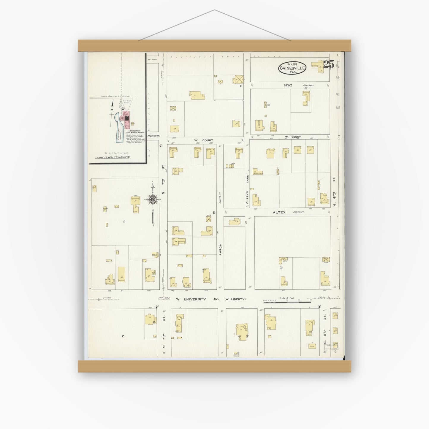 Old map wall art mockup — magnetic wood frame on white wall — Sanborn Fire Insurance Map from Gainesville, Alachua County, Florida (1913), Sheet #0025
