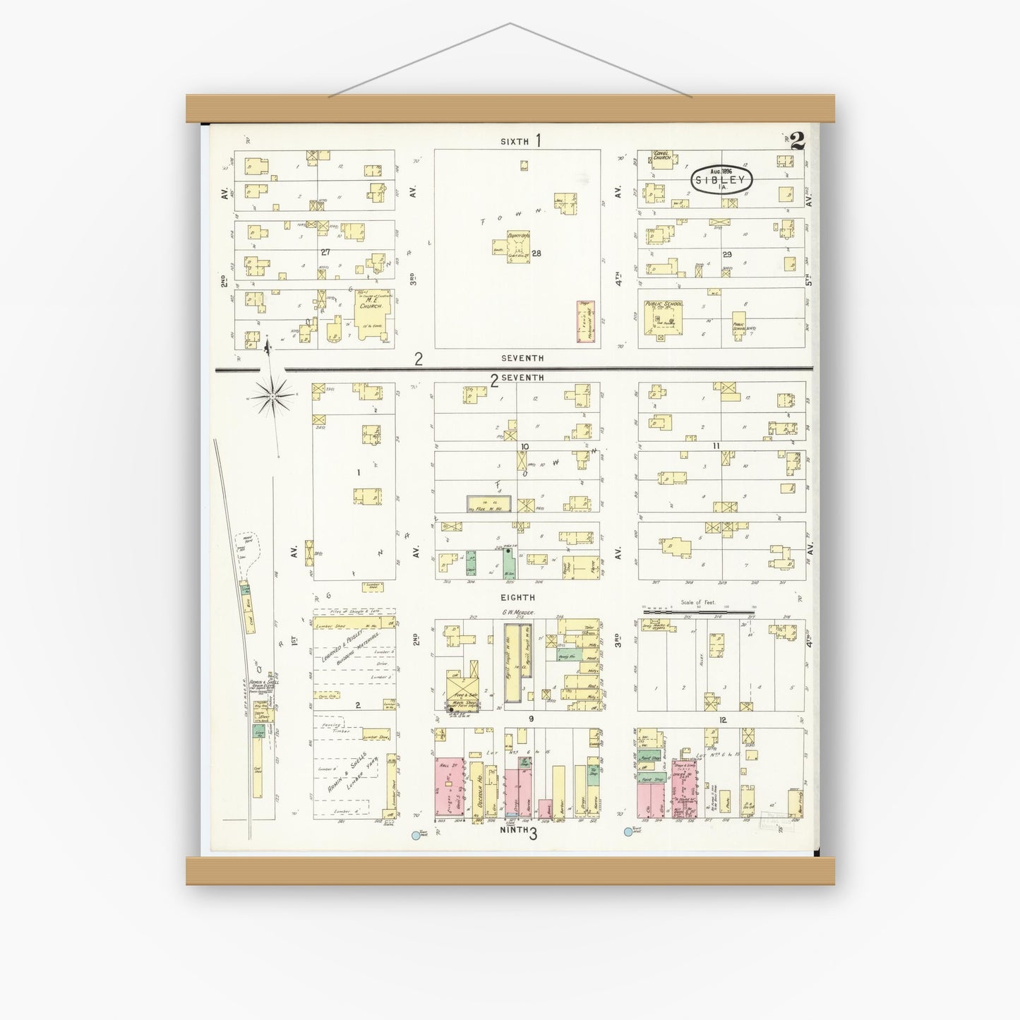 Old map wall art mockup — magnetic wood frame on white wall — Sanborn Fire Insurance Map from Sibley, Osceola County, Iowa (1896), Sheet #0002